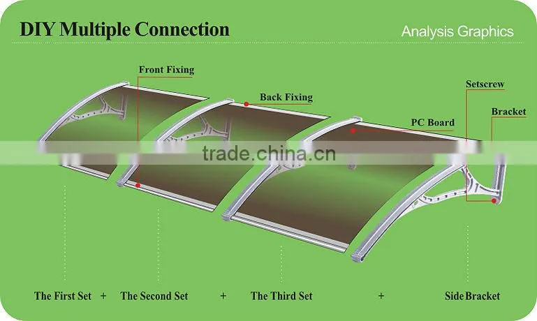 Environmental friendly rain protect door canopy awning cover with platic awning brackets and polycarbonate canopy