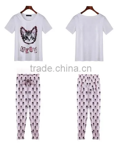 Latest Fashion Wholesale Garment Woman Loose Little Cat Printed Chiffon Shirts 2014 Summer Garment