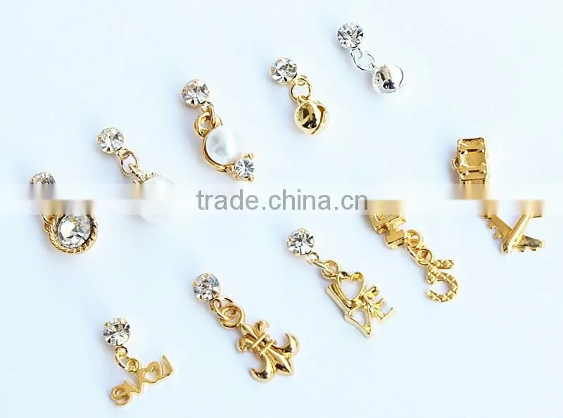 Fashionable shining stone with chain pearl lucky fancy pendant nail sticker