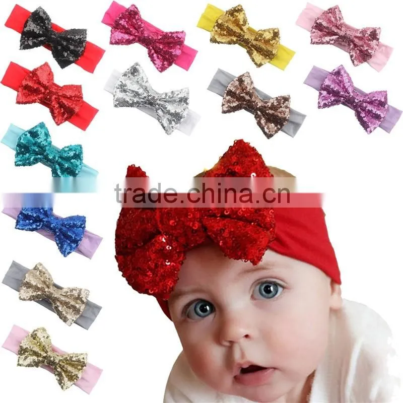 Sequin bowkont lace headwraps - fabric knitted bow elastic headband-flashing bow headbands