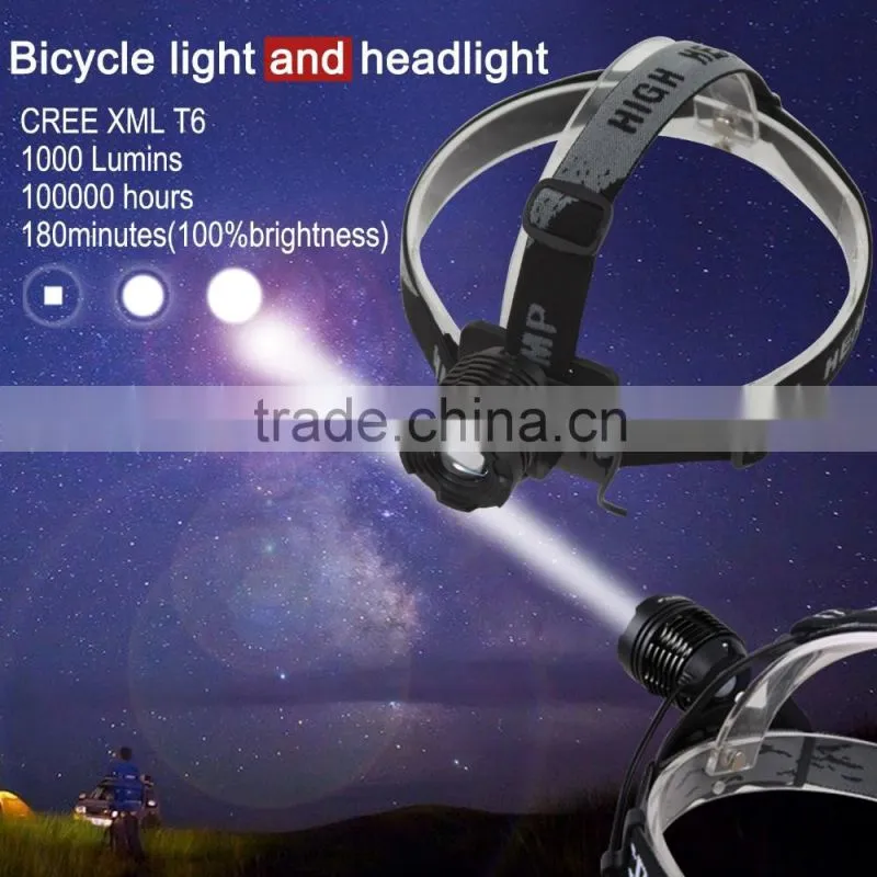 2000 lumen T6 Zoom Bicycle Light Rotation Focus Bicycle Front Lamp Rechargeable LED Headlamp Cycling Headlight Flashlight