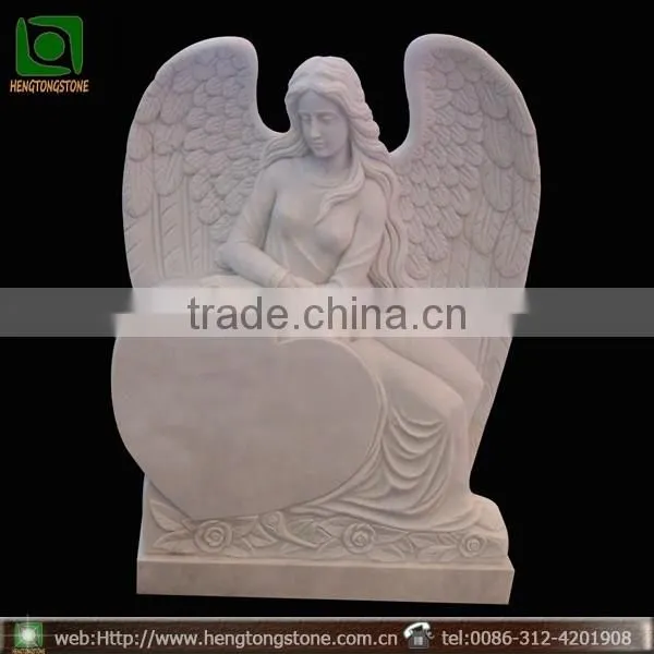 White Marble Carved Angel with Heart Design Headstone