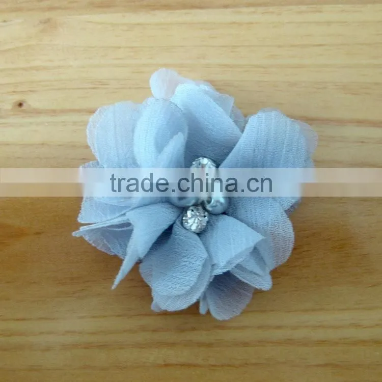fabric chiffon flower with pearl beads rhinestone in center for kids hair accessories