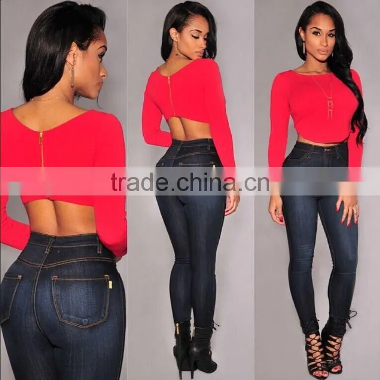 2015 New Fashion Crop Tops T shirt Long Sleeve Backless T shirt Blusas Back Zipper Blouse Woman Clothes Roupas Femininas