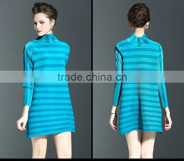 Spring models lady casual clothing stripped turtleneck crinkled dress