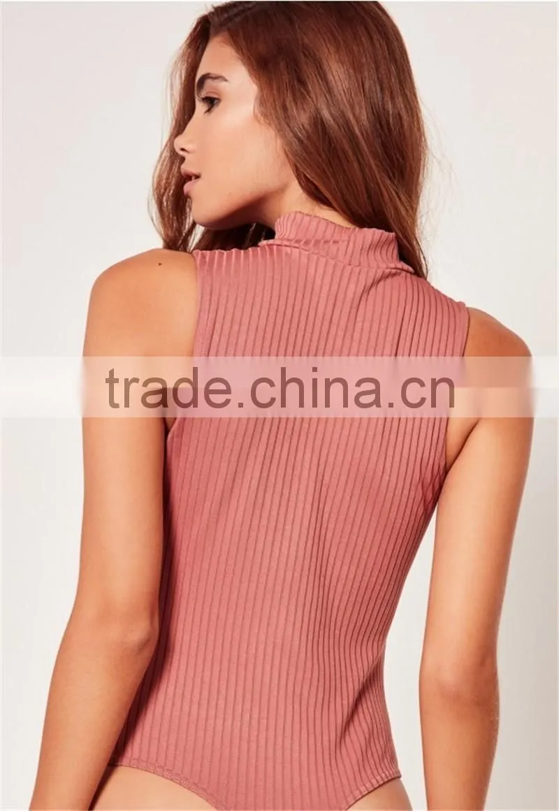 MGOO Elegant 95% Cotton 5% Spandex Bodysuits Ribbed Choker Neck Pink Tops Sleeveless Zip Up Tops