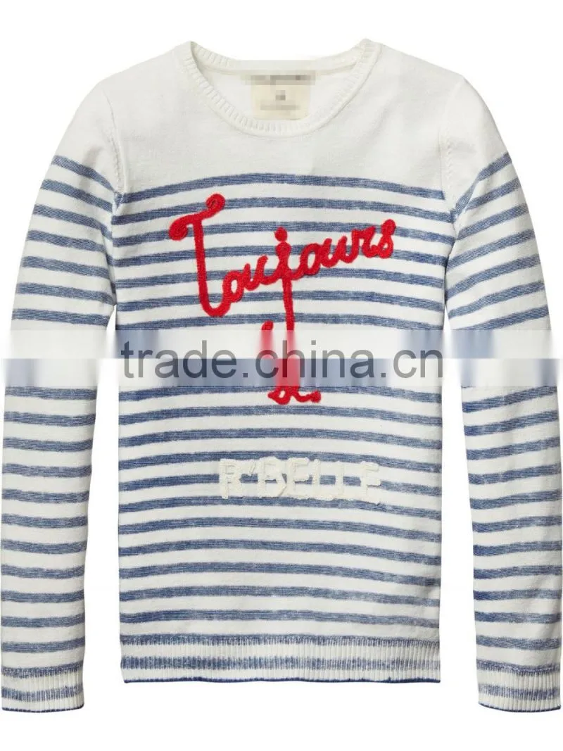 White Blue Stripe Letter Pattern Cotton Men Pullover Sweater