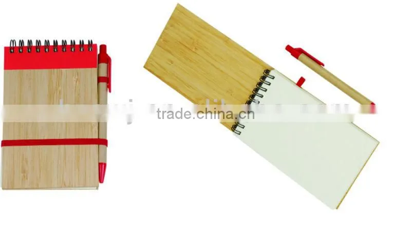 Wooden cover spiral notebook 70grams 70sheets 9*14cm with elasticity with recycle paper pen