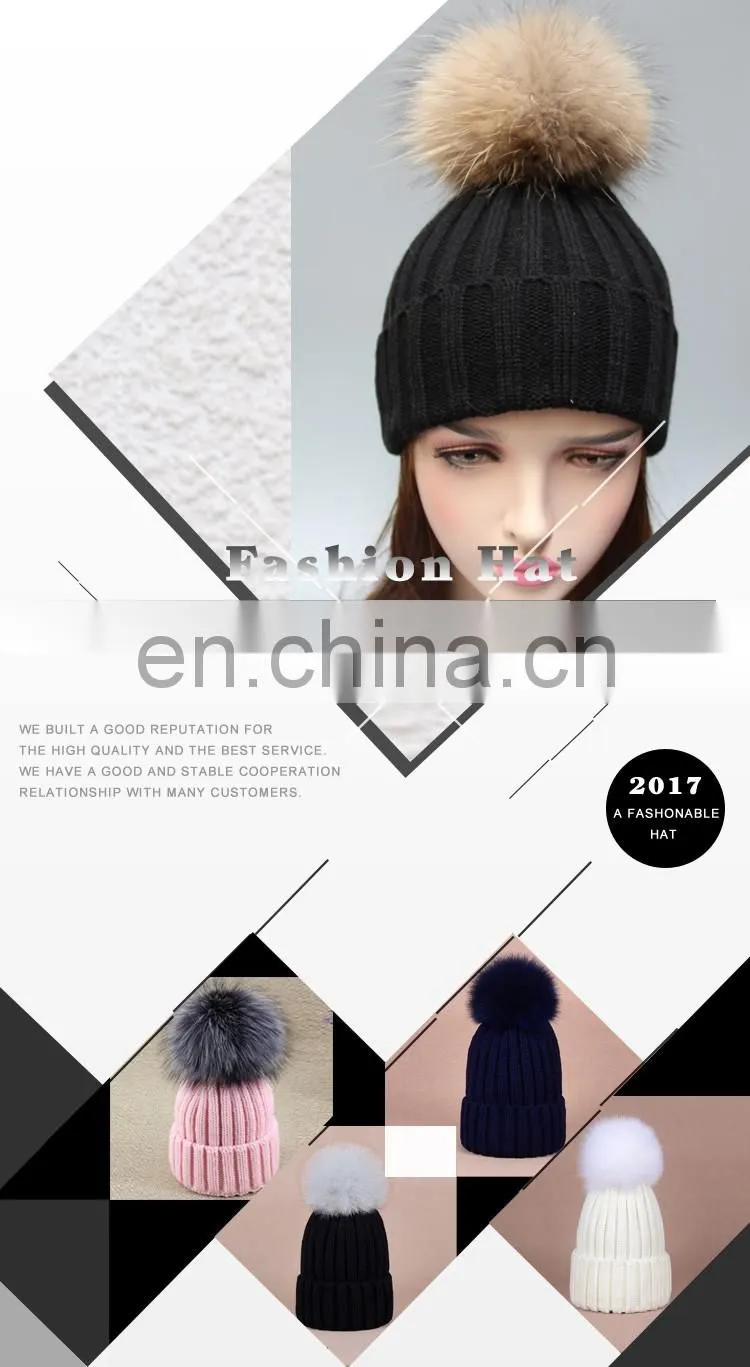 Wholesale mens knitted plain beanie hat with fur pom pom