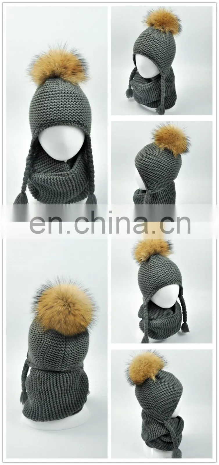 Kids Customized Design Wool Collar Raccoon Fur Pom Cashmere Knitted Hat and Scarf