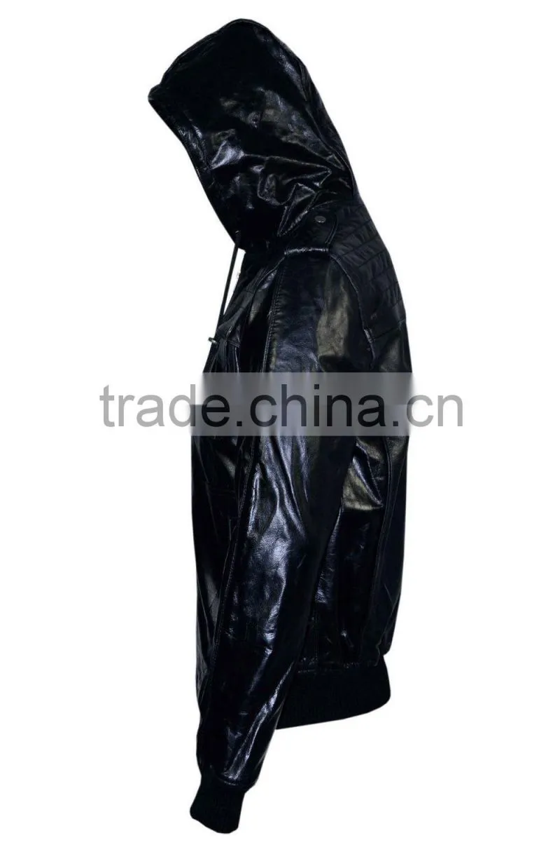 Black hooded leather jacket for men