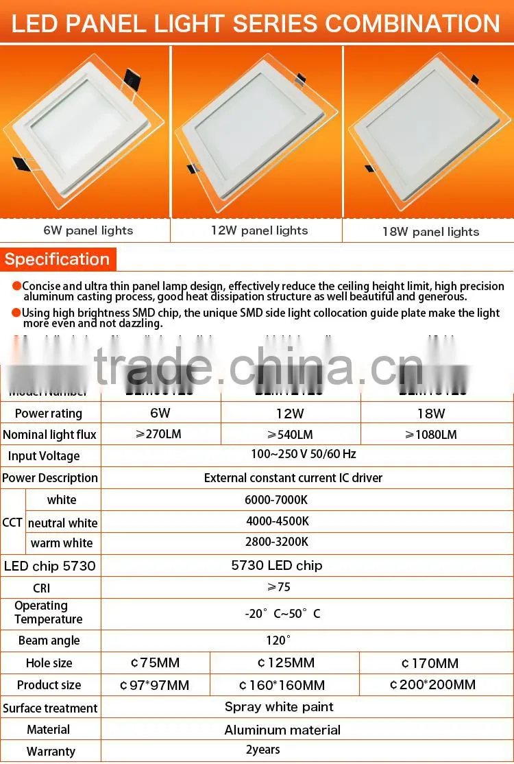 Brand new square glass panel light with high quality