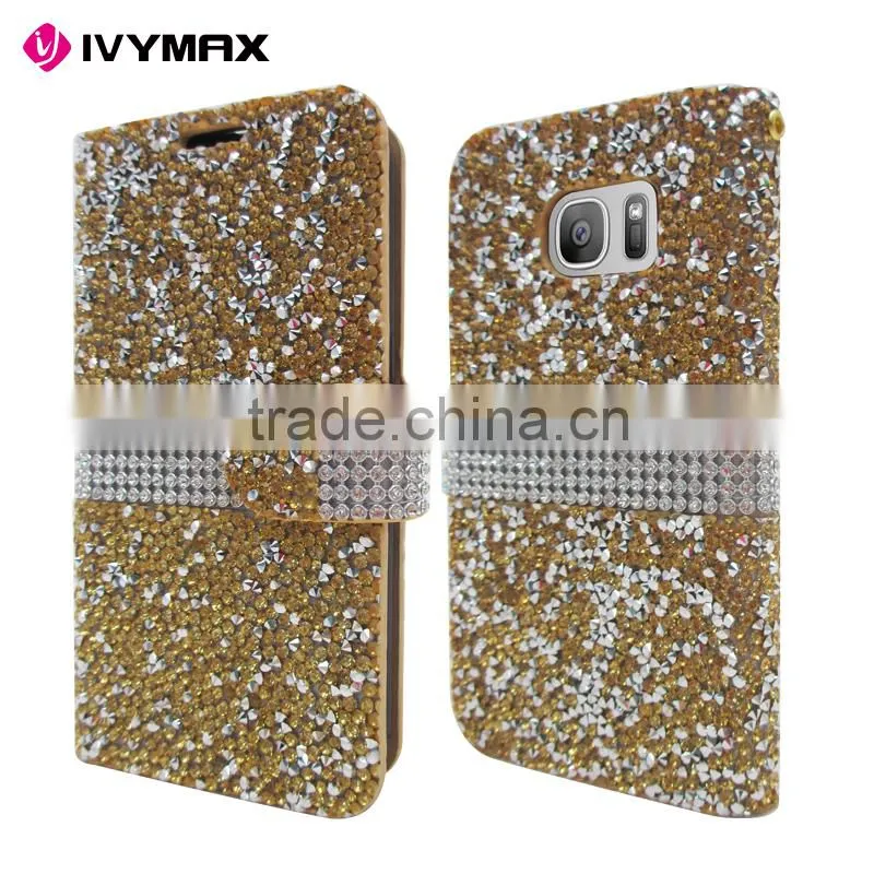 IVYMAX Luxury Glitter Bling Crystal Diamond PU Leather Wallet Case For Samsung Galaxy S7 Card Slots Cover