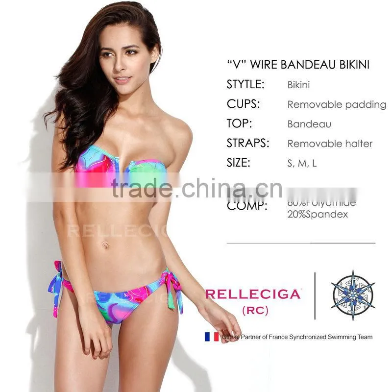 RELLECIGA 2016 New Sexy Abstract Foil Pattern V Wire Bandeau Bikini Swimsuit