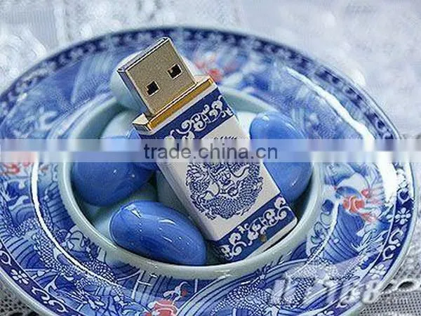Present blue + white porcelain USB 32GB 2.0 Flash Drive Memory Stick Pen Thumb