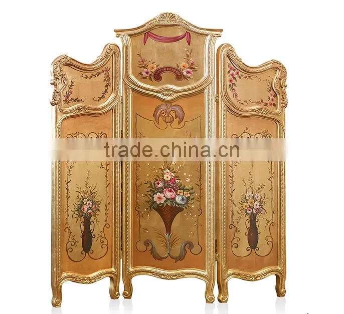 Elegant Gilt Wooden Floor Screen, Gold Painted Flower & Bird Four Panel Folding Screen, Curio Classic Furniture Decor Screen