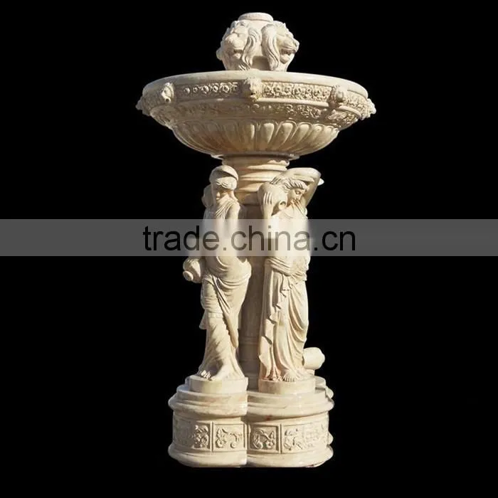 Beautiful garden sex girl and lion stone water fountain