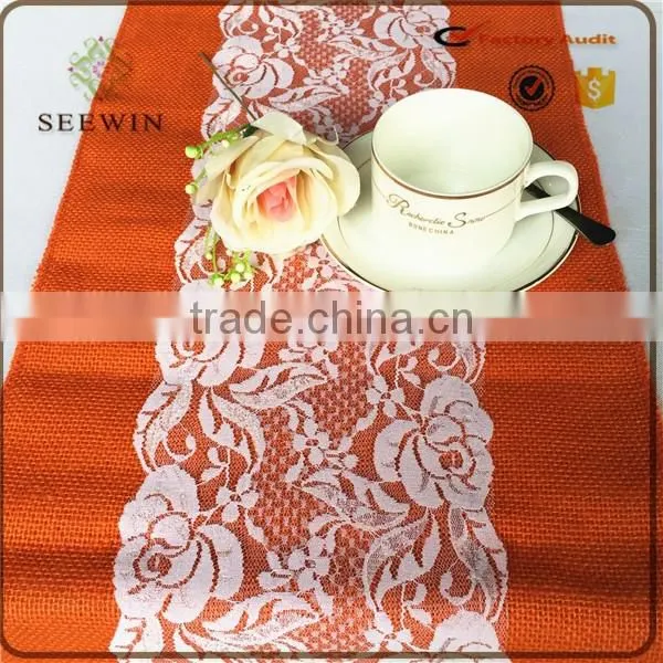 color dyed environmental hotsale natural jute table runner with white lace