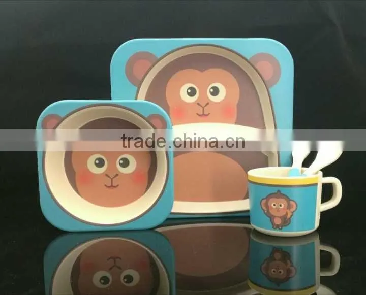 Best selling friendly bamboo fiber kid five pices,cup,plate,bowl,fork,spoon