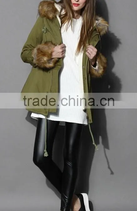 Detachable Faux Fur Jacket with fur collar fur sleeve ,women Army green Jacket coat