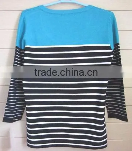 100% cotton mens blue stripe sweater with round neck