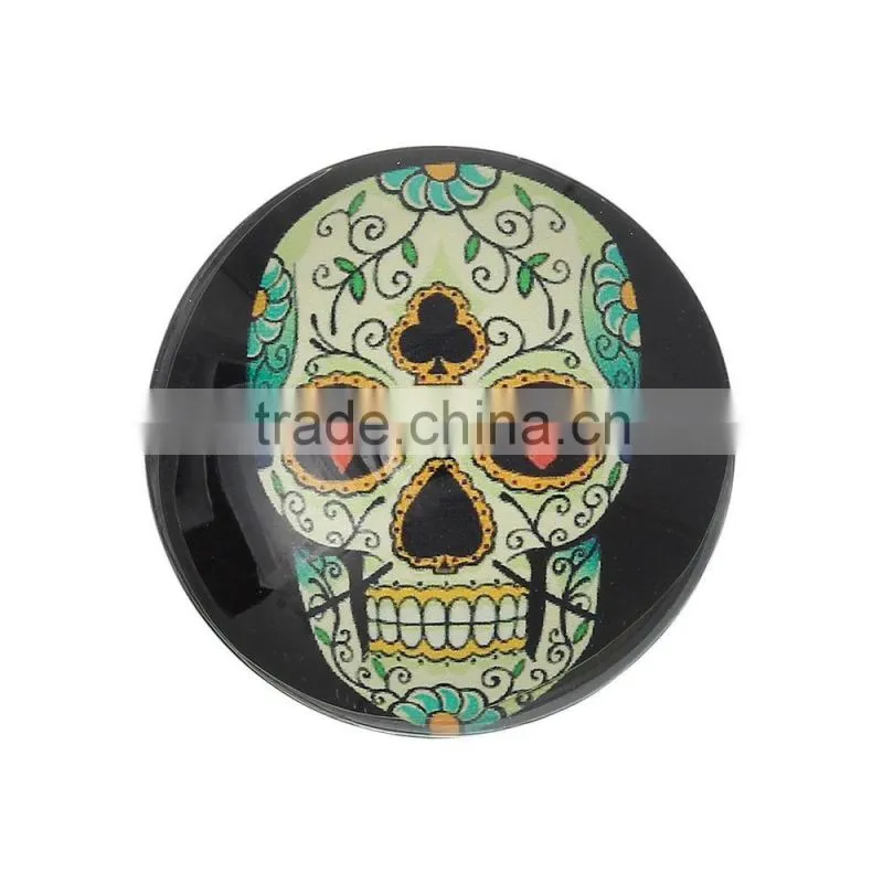 Glass Dome Cabochon Round Flatback Black Halloween Skull Pattern 25mm(1") Dia,20PCs