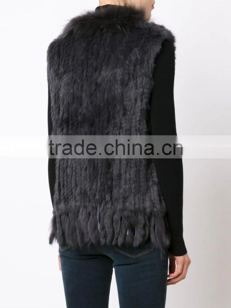 YR006A New Arrive Real Rabbit and Raccoon Hand Knit Vest with Tassels Top Sales Fur Gilet