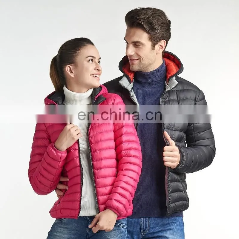 Fashion women dark blue lightweight down jacket with hood
