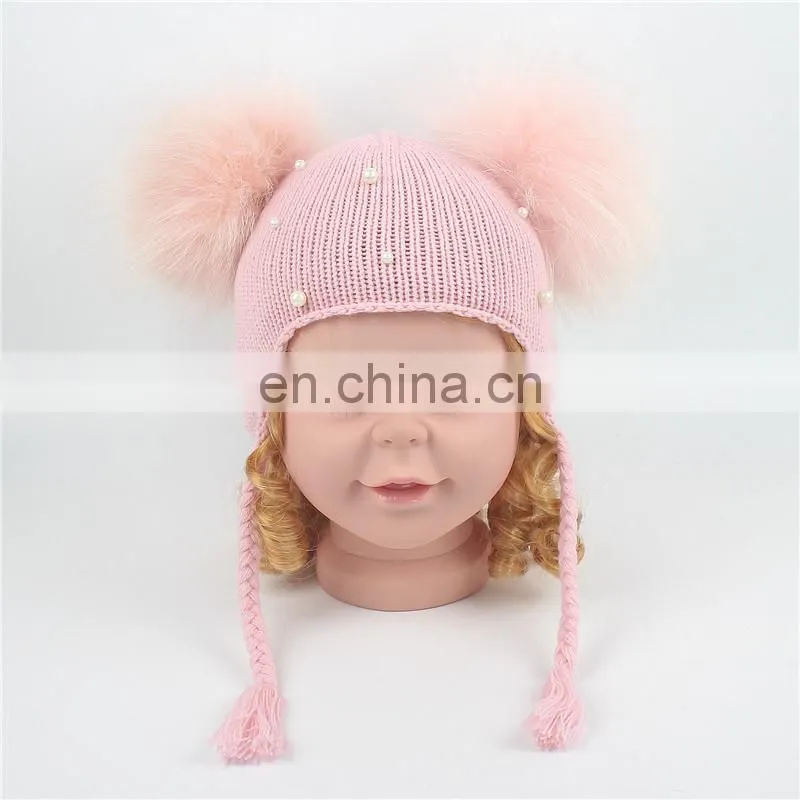 Wholesale Double Raccoon Fur Poms Cap Kids Hat With Fur Pom Pom