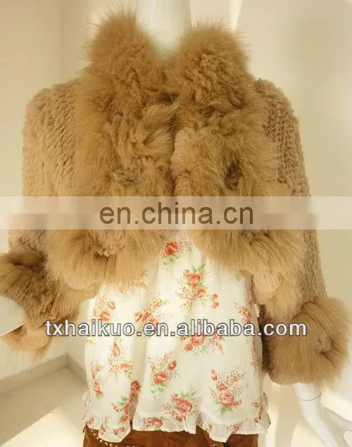 2013 ladies fashion style knitting rabbit fur jacket with fox fur collar