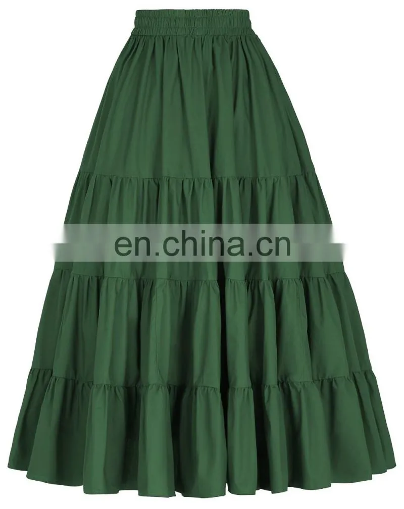 Belle Poque Women's Solid Green Color Wide Hem Cotton Maxi Skirt Long Skirt BP000207-3