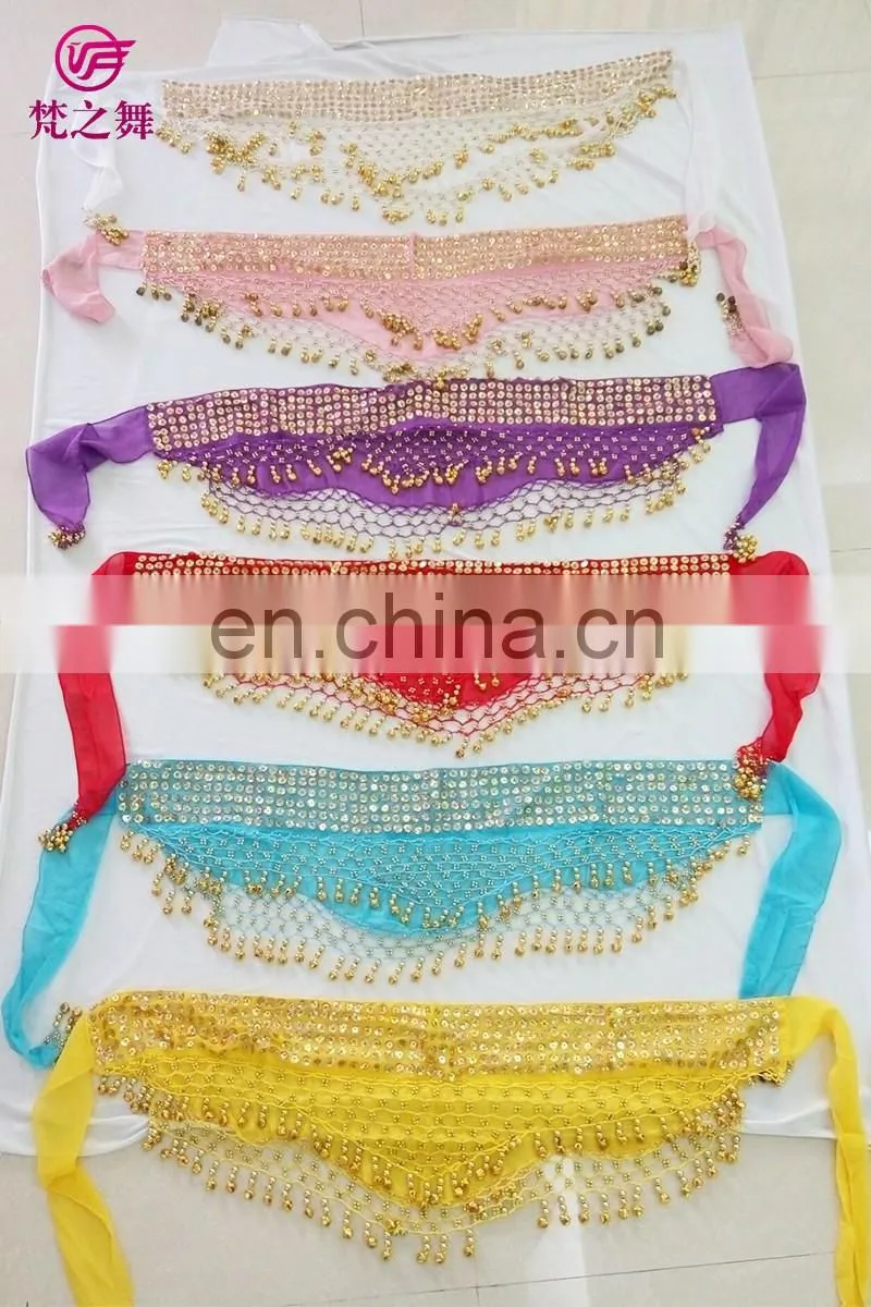 Top level new products wholesale indian chiffon gold sequins belly dance hip scarf with bells Y-2055