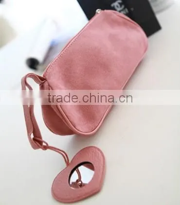 Practical suede fabric cosmetic bag with outside mirror