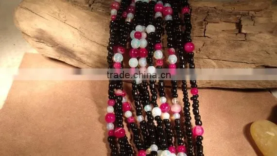 Black Glass Beads Moonstone and Pink Stripped Agate Bracelet