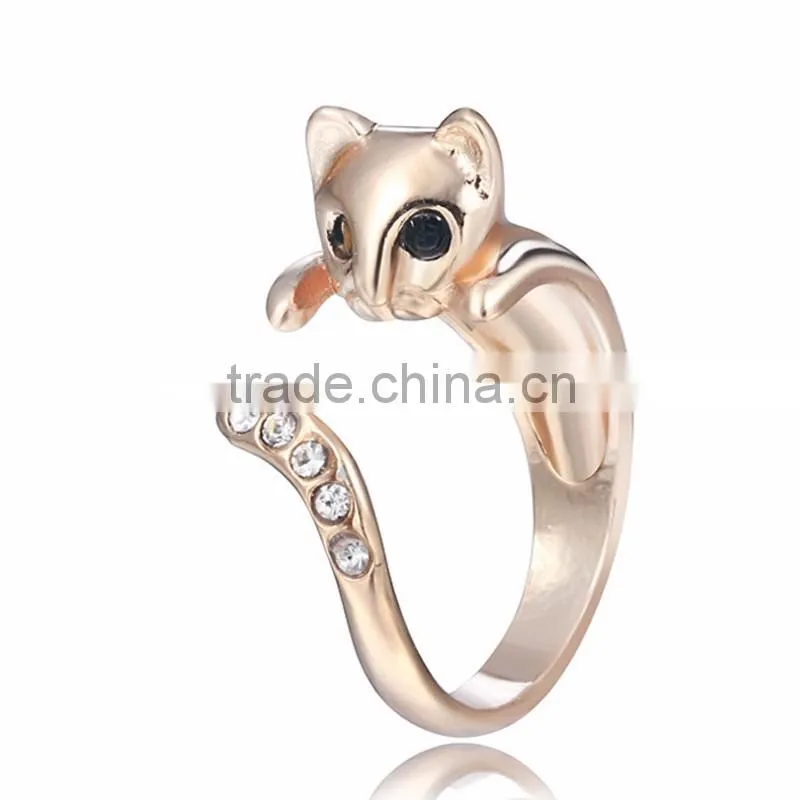 2016 Korean Style Jewelry Cute Rhinestone Cat Wrap Opening Ring Wholesale