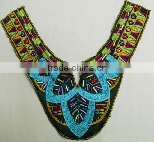 Apparel wooden beaded collar applique, neck embroidery design