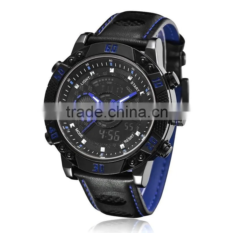 WJ-5446 genuine leather strap IP plating high quality double show Ohsen waterproof men sport watch