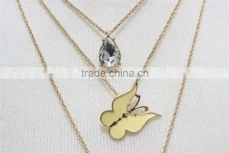 Gold Chain Layered Set Necklace w/Clear Teardrop Diamond Yellow Butterfly Metal Necklace 2016 Fashion Style Wholesale