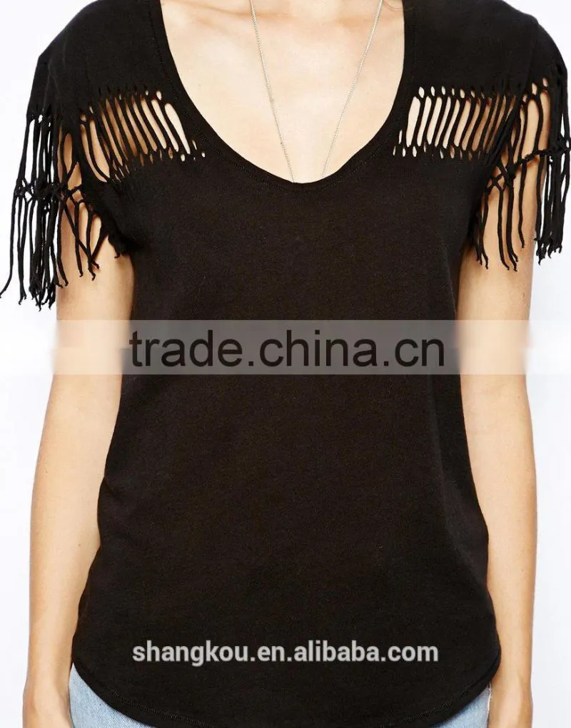 100% Pure cotton cut out and fringed designer t shirt woman 2016