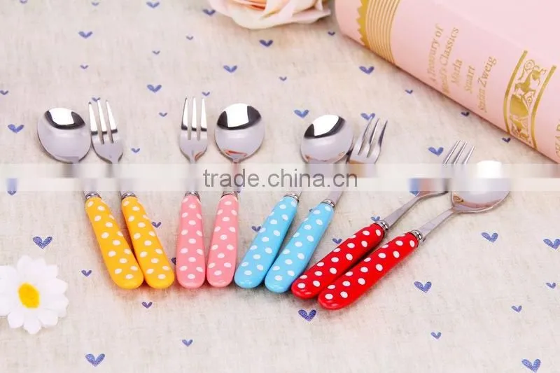 Stainless Steel white polka dot of ceramic handle Zakka spoon and fork