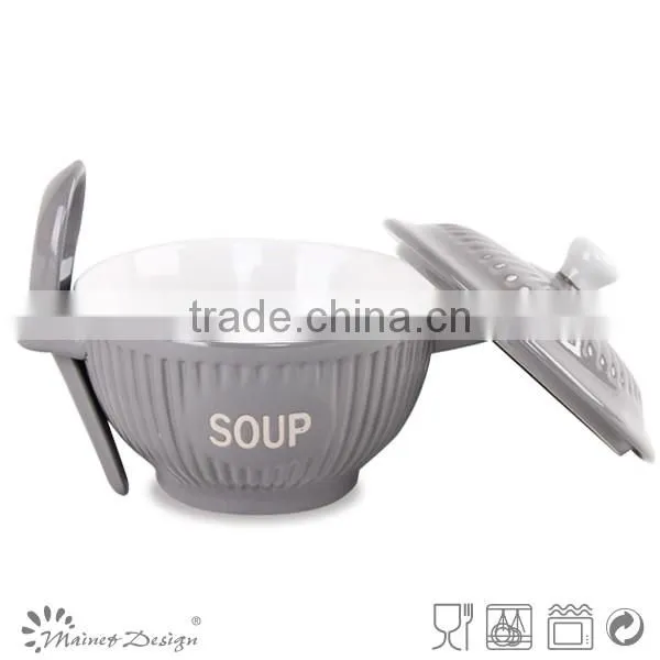 HG3-197 Ceramic stoneware soup bowl with cover and spoon