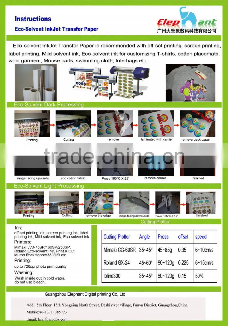 Large format eco-solvent heat transfer sticker paper