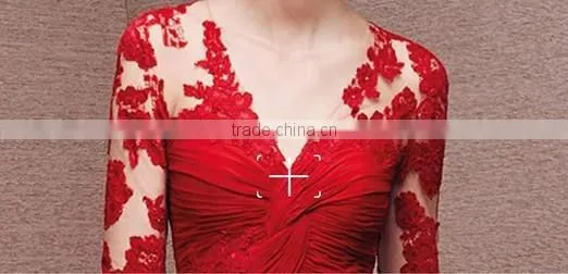 sexy deep v neck hollow lace evening red long sleeve prom dress