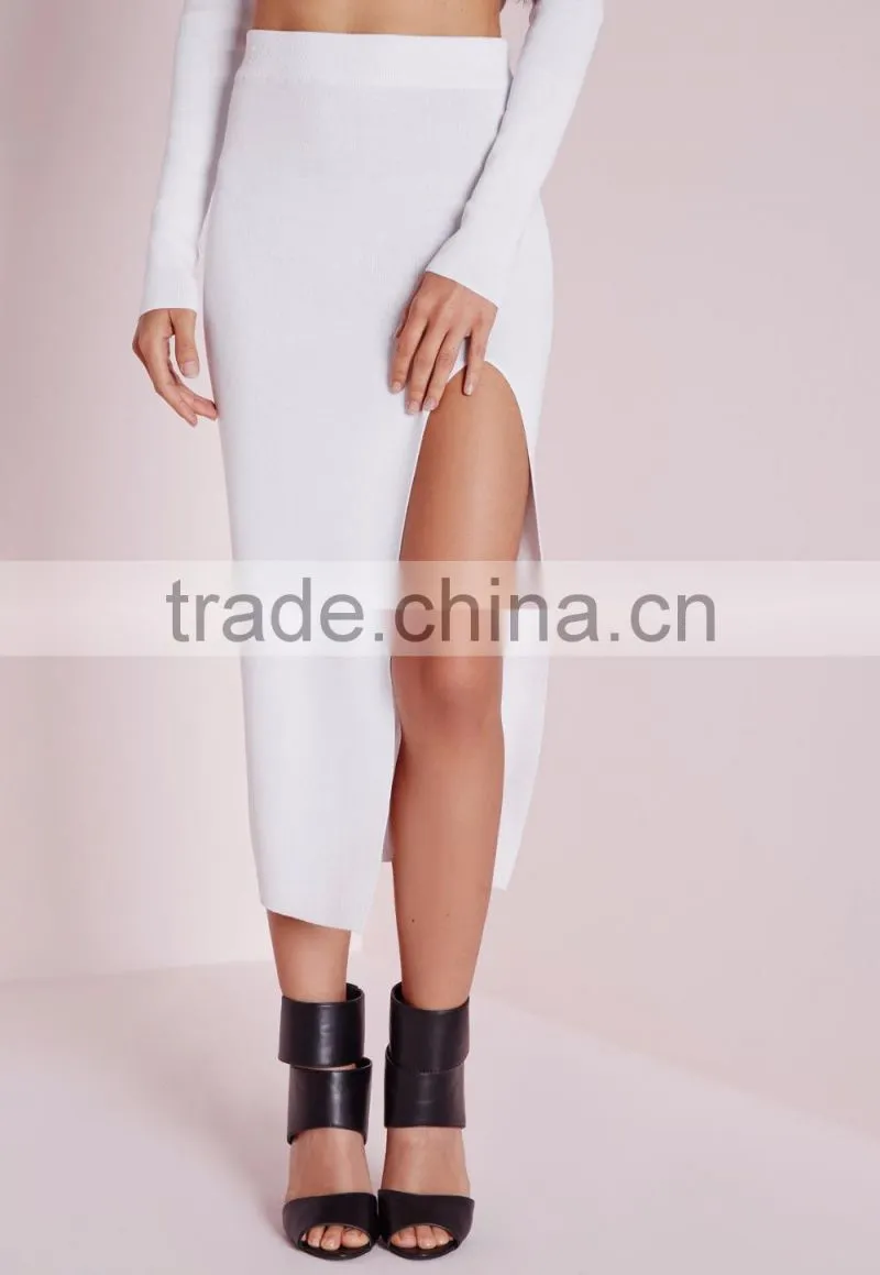 Women latest skirt design pictures sexy high split midi skirt white 2015