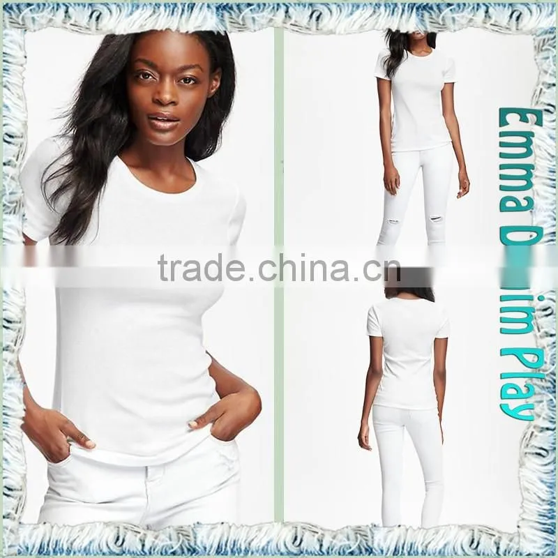 Fashion Plain Design Solid White Organic Cotton Womens Tight Fit Short Sleeve Tee Shirts