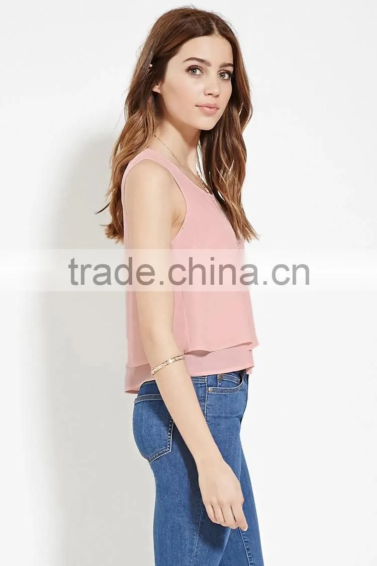 2016 guangzhou shandao oem service summer new design casual plain dyed sleeveless double layer women chiffon tops