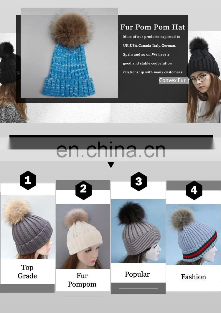 New product colorful knit hats wholesale fancy raccoon fur ball women floppy hat