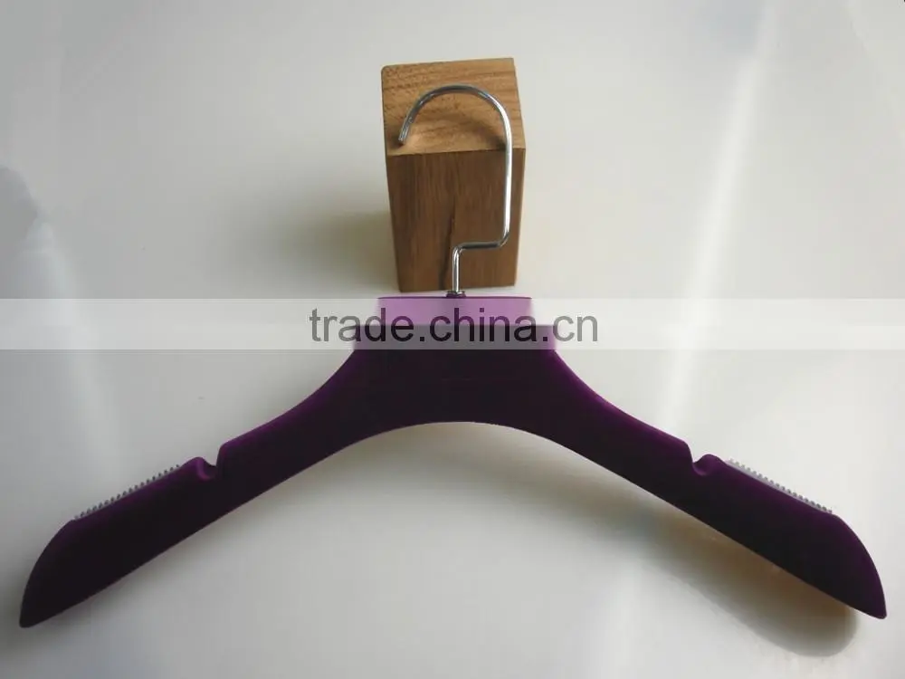 Black nonslip velvet flocked hanger with logo and gold hook for coat
