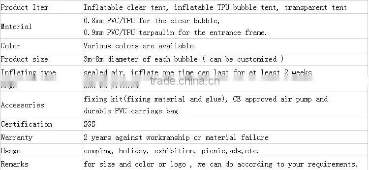 Camping tent clear bubble dome tent inflatable air dome tent for sale