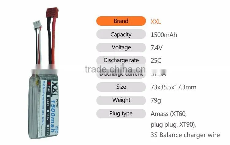 XXL Power 25C MAX 30C 2s Lipo Battery 7.4V 1500MAH AKKU Car Helicopter Quadcopter battery pack